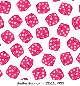 Dice seamless pattern. Board game repeating design. Red cubes wallpaper. Casino, gambling backdrop.