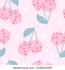 Dice seamless pattern. Cherry dices with hearts and leaf. Creative art girly print for textile fabric wallpaper design. Fashion template, racy vector background
