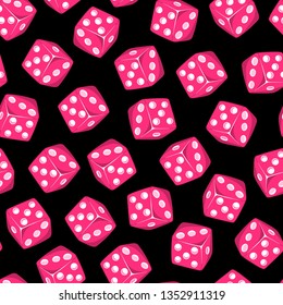 Dice seamless pattern. Red cubes isolated on black background. Gaming, casino, gambling wallpaper. 
