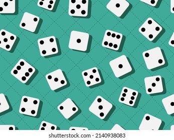 Dice seamless pattern. Dice scattered on the casino gaming table. Template design for banner, poster and promotional items. Vector illustration