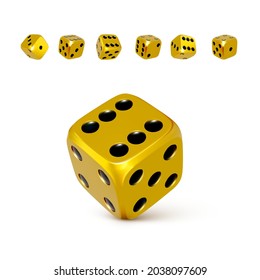 Dice. Set of 3d golden or yellow craps with black dots. Play casino and win jackpot. Vector illustration