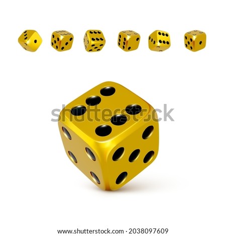 Dice. Set of 3d golden or yellow craps with black dots. Play casino and win jackpot. Vector illustration