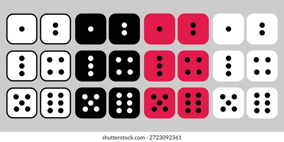 Würfel setzen Vektorsymbol. Würfel. Sechs Würfel einzeln auf grauem Hintergrund. Würfel in Rot-, Schwarz-, Weiß- und Strichtypen. Illustration für das Spieldesign.