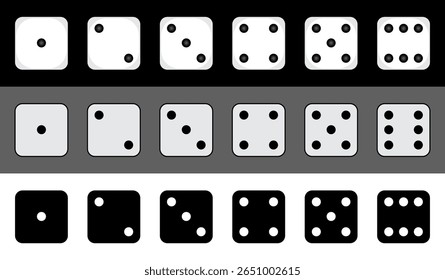 Dice set Vector illustration. Game dice Icon isolated,  Dices cube side view from one to six number. Dot on cube of casino. gambling and game design. Rolling Dice Black And White icon.