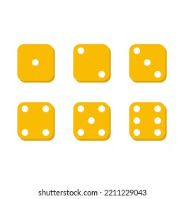 Dice side or dice face icons set in flat style design isolated on white background. Yellow six-sided dice. Vector illustration.