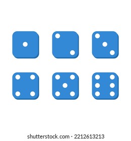 Dice side or dice face icons set in flat style design isolated on white background. Blue six-sided dice. Vector illustration.