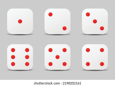 Dice sides or dice faces icon set in flat style design with shadow effect, isolated on grey background. White six sided dice with red dots. EPS 10 vector illustration.