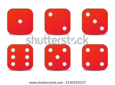 Dice sides or dice faces icon set in flat style design with shadow effect, isolated on white background. Red six sided dice. EPS 10 vector illustration.