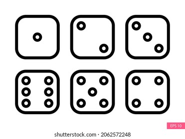 Dice sides or dice faces vector icon set in line style design isolated on white background. Six-sided dice. Editable stroke. EPS 10 vector illustration.