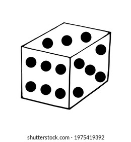 A dice with sides six, five and three on a white background, in the style of a doodle.The vector cube can be used in board game designs,textiles.