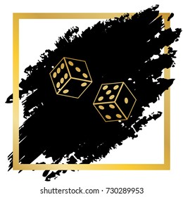 Dice sign. Vector. Golden icon at black spot inside golden frame on white background.