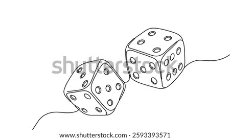 Dice single line drawing. Classic game gambling risk. Casino ads luck chance design. Minimalist outline white background vector illustration