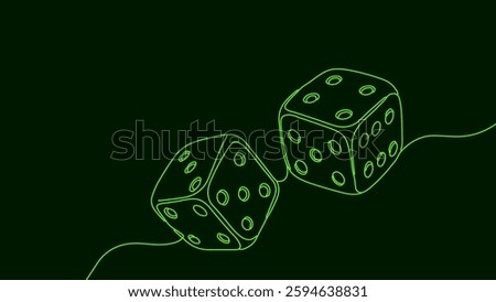 Dice single line drawing. Classic game gambling risk. Casino ads luck chance design. Minimalist outline green background vector illustration