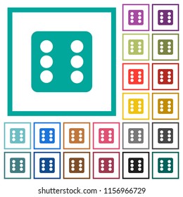 Dice six flat color icons with quadrant frames on white background