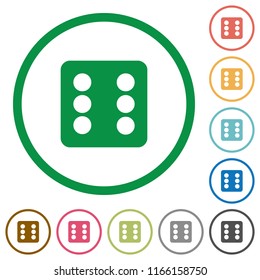 Dice six flat color icons in round outlines on white background