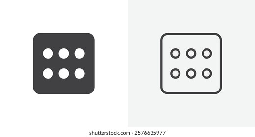 Dice six icon set in black flat solid and outlined style.