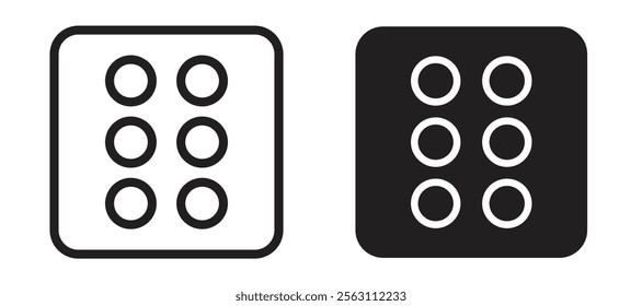 Dice six icons in black line and filled versions