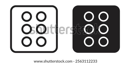 Dice six icons in black line and filled versions