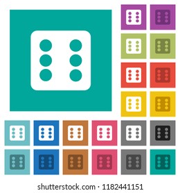 Dice six multi colored flat icons on plain square backgrounds. Included white and darker icon variations for hover or active effects.