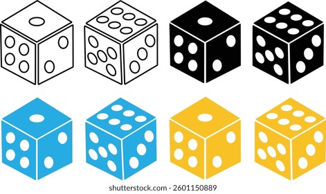 Dice six side face icon set. Playing cubes rolling dice vector isolated on transparent background. Six sided dice, die for casino gambling line art icon for apps and websites. Vector illustration.