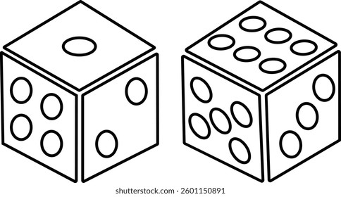 Dice six side face icon set. Playing cubes rolling dice vector isolated on transparent background. Six sided dice, die for casino gambling line art icon for apps and websites. Vector illustration.