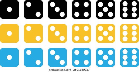 Dice six side face icon set. Playing cubes rolling dice vector isolated on transparent background. Six sided dice, die for casino gambling art icon for apps and websites. Vector illustration.