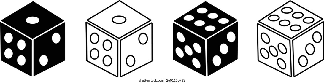 Dice six side face icon set. Playing cubes rolling dice vector isolated on transparent background. Six sided dice, die for casino gambling line art icon for apps and websites. Vector illustration.