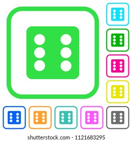 Dice six vivid colored flat icons in curved borders on white background