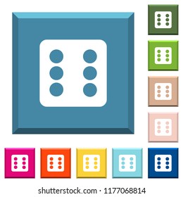 Dice six white icons on edged square buttons in various trendy colors