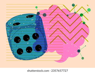 Dice with speech bubble and geometric shapes. Luck concept in trendy riso graph design. Geometry elements abstract risograph print texture style.