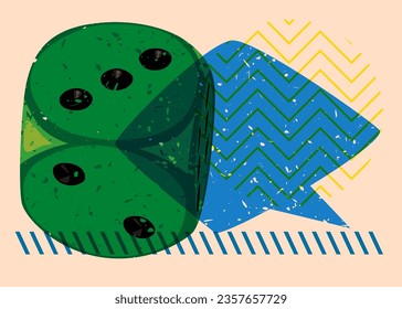 Dice with speech bubble and geometric shapes. Luck concept in trendy riso graph design. Geometry elements abstract risograph print texture style.