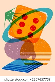 Dice with speech bubble and geometric shapes. Luck concept in trendy riso graph design. Geometry elements abstract risograph print texture style.