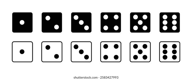 Dice square icon set with six-sided dice designs. A complete vector illustration of classic casino and board game dice for gaming and entertainment visuals.