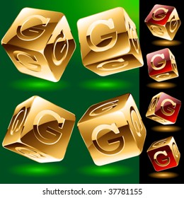 Dice styled cube's set with alphabet symbols. Letter g