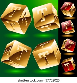 Dice styled cube's set with alphabet symbols. Letter t