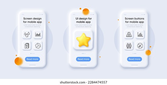 Dice, Sun energy and Employees teamwork line icons pack. 3d phone mockups with star. Glass smartphone screen. Line graph, Diagram graph, Handout web icon. No vaccine, Waterproof pictogram. Vector
