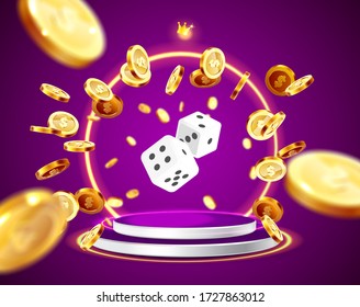 The dice, surrounded by a luminous frame and attributes of gambling, on the podium, on a explosion coins background. The new, best design of the luck banner, for gambling, casino