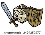 Dice with sword and shield. Fantasy icosahedron wargame. 20-sided tabletop icon, cartoon style on white background. Rpg board game character