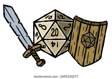 Dice with sword and shield. Fantasy icosahedron wargame. 20-sided tabletop icon, cartoon style on white background. Rpg board game character