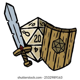 Dice with sword and shield. Fantasy icosahedron wargame. 20-sided tabletop icon, cartoon style on white background. Rpg board game character