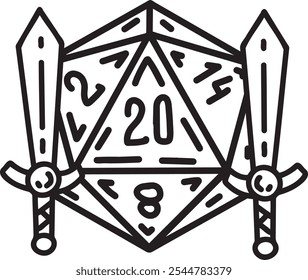 Dice with sword and shield. Rpg board game character. Fantasy icosahedron wargame. 20-sided tabletop icon, cartoon style on white background