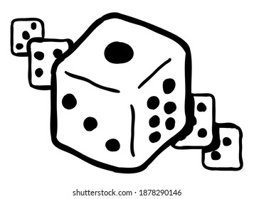 Dice symbol cartoon line drawing, vector, horizontal, black and white, isolated
