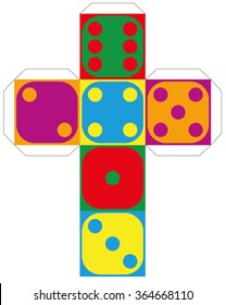 Dice template - model of a colorful cube to make a three-dimensional handicraft work out of it. Isolated vector illustration on white background. svg