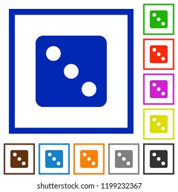 Dice three flat color icons in square frames on white background