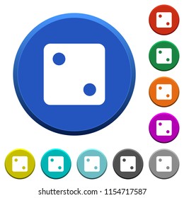 Dice two round color beveled buttons with smooth surfaces and flat white icons