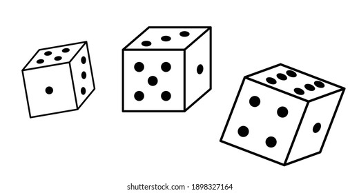 Dice vector black and white illustrations in minimalistic trendy flat design style on white background. Line drawing