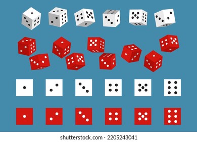 Dice vector cartoon set isolated on a blue background.