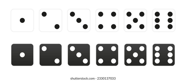 Dice. Vector die game icons. Casino cubes. Set of black flat cubes with dots from one to six. Cramps play, gambling and Vegas pictograms for web. Cartoon clipart of random, chance. Vector illustration