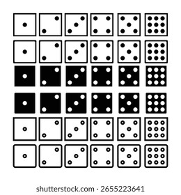 Dados. Vetor morre ícones de jogo. Ilustração de cubos de casino. Conjunto de cubos planos pretos com pontos de um a seis. Cãibras jogo, jogos de azar e pictogramas de Vegas isolados para web template