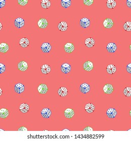 Dice vector seamless pattern on red background